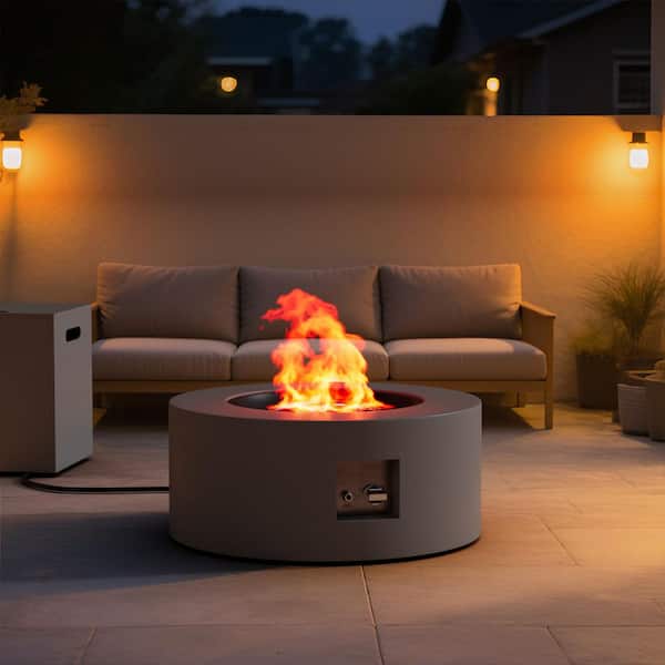 30 in. Round Propane Fire Pit Table 50,000 BTU Gray Outdoor Fire Table with Lid, Rocks and Cover-Backyard Fire Pit