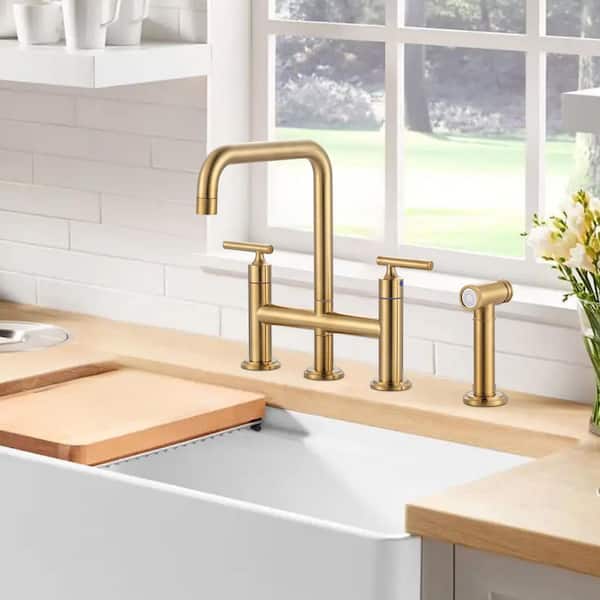 Double Handle 4-Hole High Arc Widespread Brass Bridge Kitchen Faucet with Pull Out Side Spray in Brushed Gold