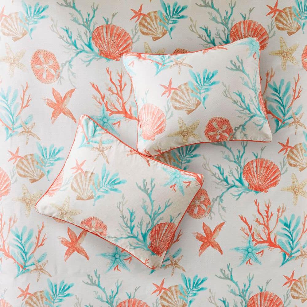 Coral and Teal Coastal Cotton Duvet Cover Set, Full/Queen, 6 Pieces