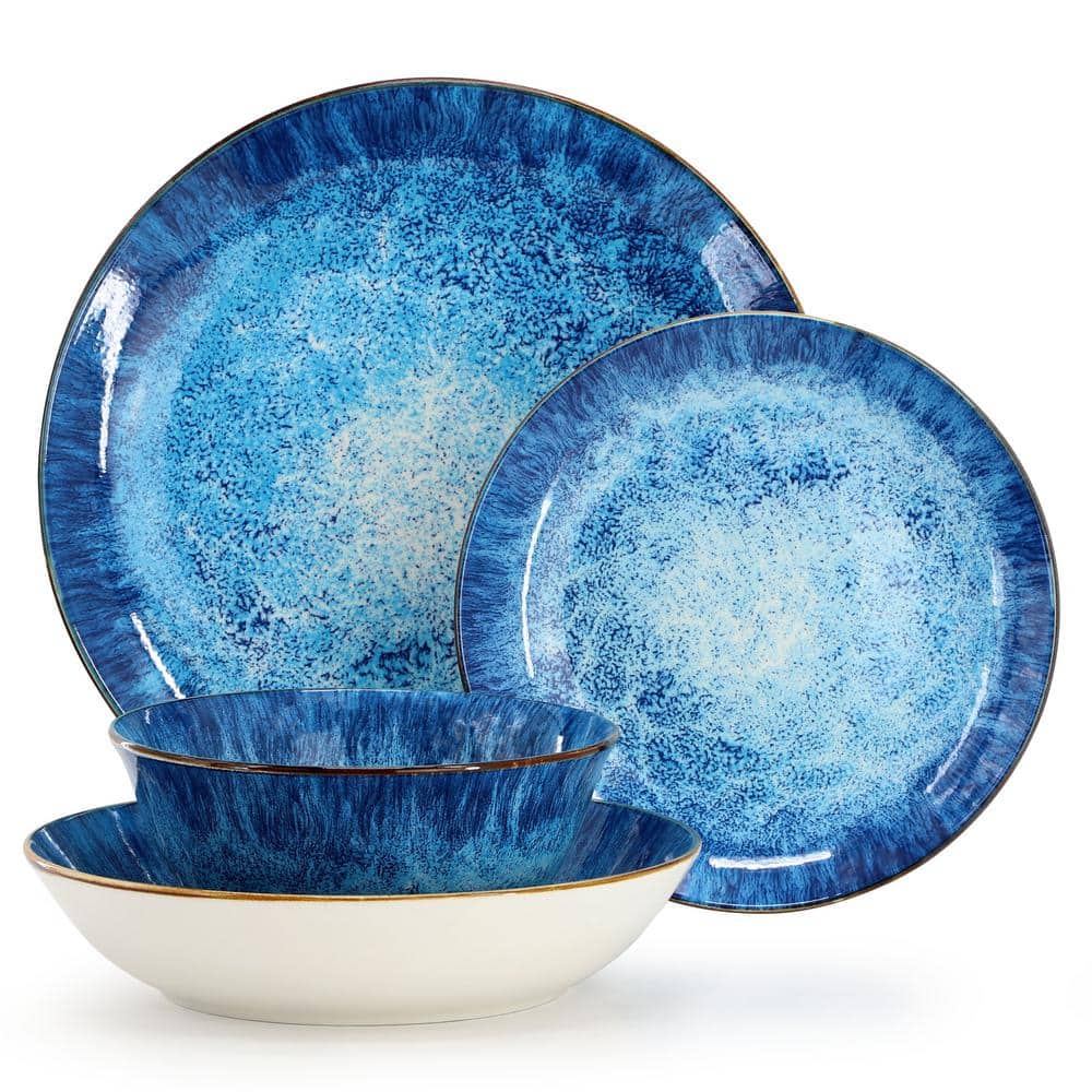 Elama Oceanus 16 Piece Blue Porcelain Dinnerware Set