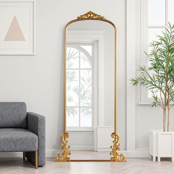 Wooakway 29 in W x 68 in. H Arch Metal Accent Mirror Ornate Full Length Mirror Retro Leaning Mirror Gold