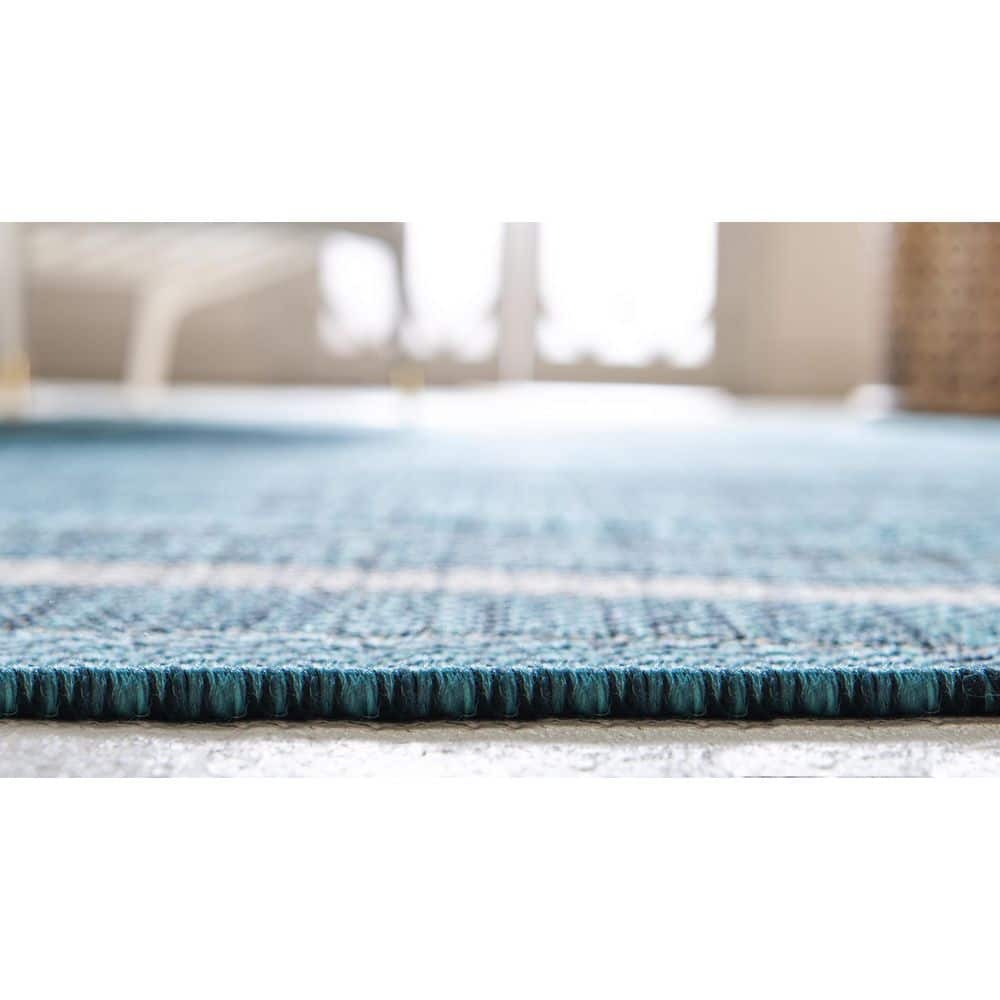 Teal and Beige Synthetic Flat Woven 9' x 12' Outdoor Rug