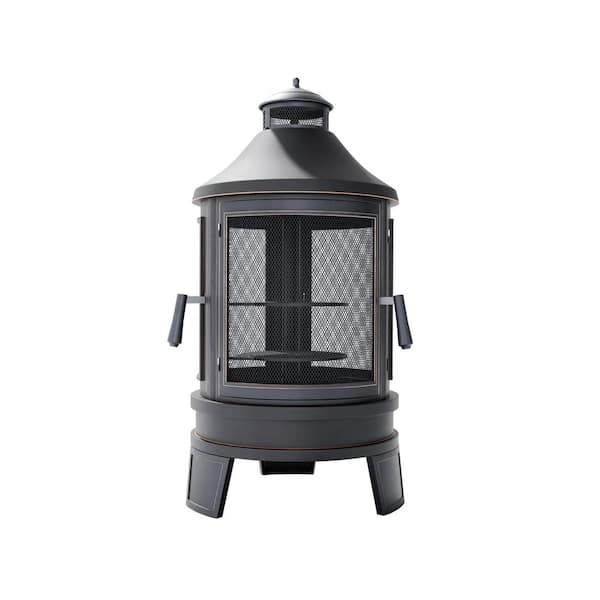 Wood Stove, 46in. Galvanized Steel Outdoor Camping Stove with a Black Matte Finish and Gold Foil-Edges