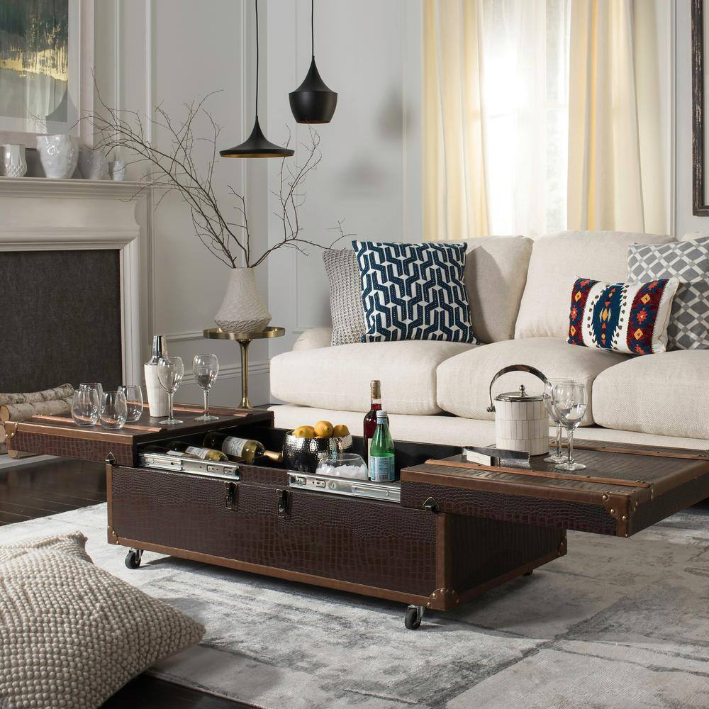 Transitional Mix Walnut and Brass Storage Trunk Coffee Table