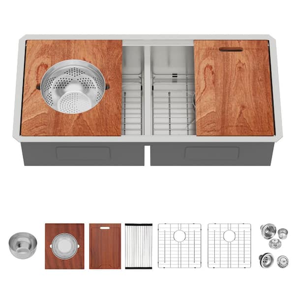 39 in. Gold Undermount Workstation Sink with Pasta Drainer and Mixing Bowl and Low Divide 50/50