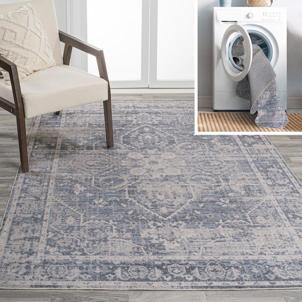 Shaii Global Blue/Light Gray 3 ft. x 5 ft. Medallion Low-Pile Machine-Washable Area Rug