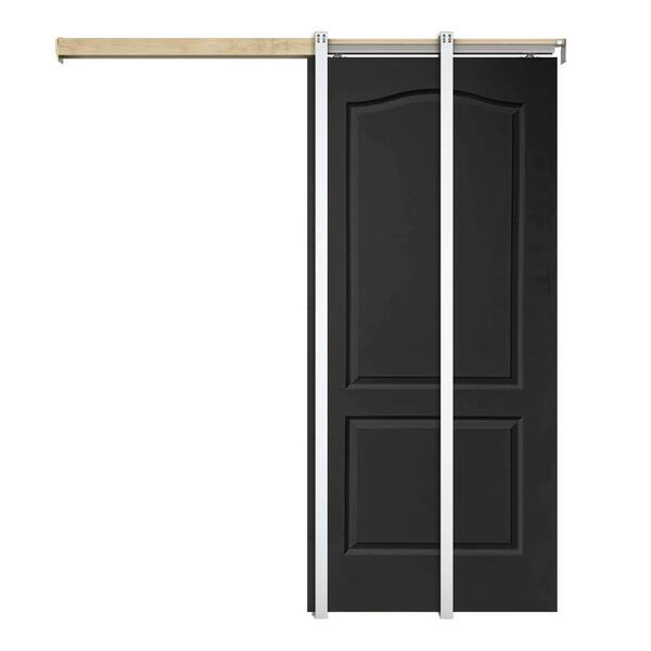 CALHOME 30 in. x 80 in. Black Painted Composite MDF 2PANEL Arch Top Sliding Door with Pocket Door Frame and Hardware Kit