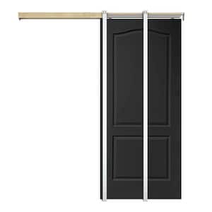36 in. x 80 in. Black Painted Composite MDF 2PANEL Arch Top Sliding Door with Pocket Door Frame and Hardware Kit