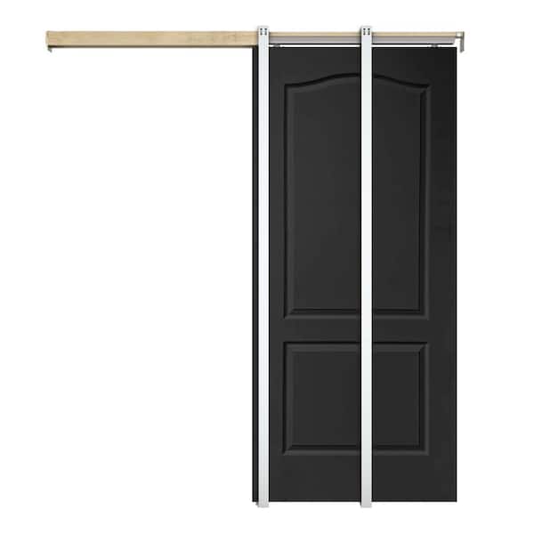 CALHOME 36 in. x 80 in. Black Painted Composite MDF 2PANEL Arch Top Sliding Door with Pocket