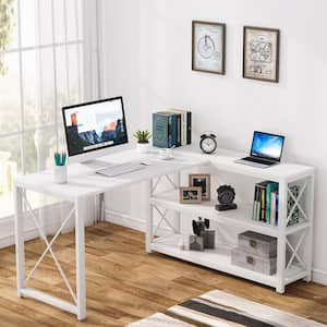 Lantz 52.75 in. L-Shaped White Wood and Metal Reversible Computer Desk with 2 Tier Storage Shelves