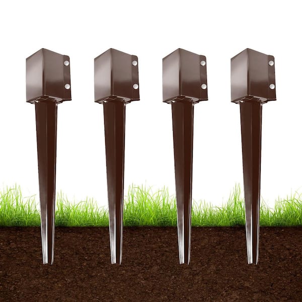 4 in. x 4 in. x 24 in. Metal Fencing Post Anchor for Patio Yard, Brown (4-Pack)