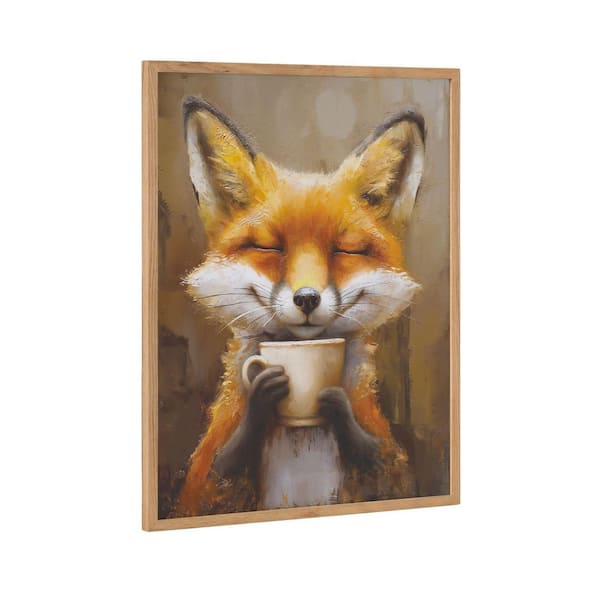 Kate and Laurel Gallery Happy Fox Traditional Coffee Tea Cup by The Creative Bunch Studio Natural Framed Art Print 16 in. x 20 in.