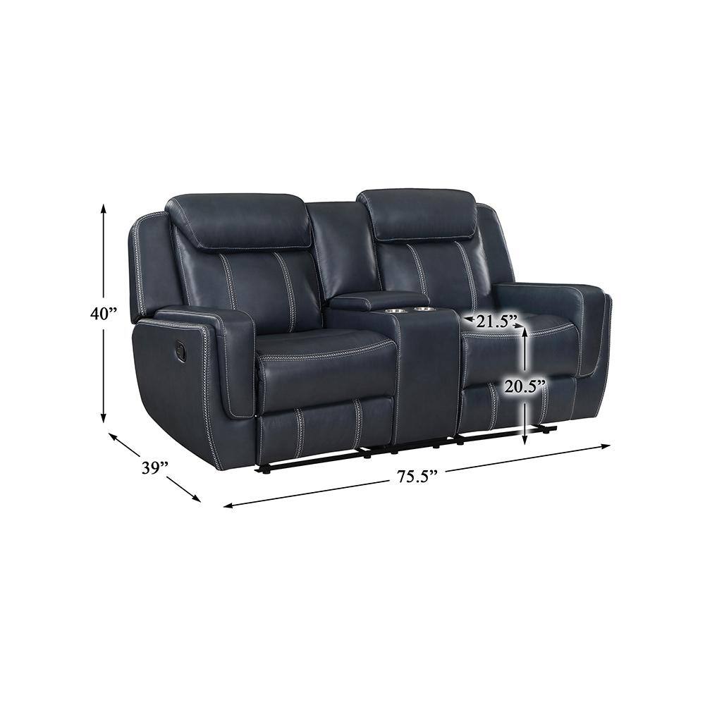Blue Faux Leather Reclining Loveseat with Cup Holders