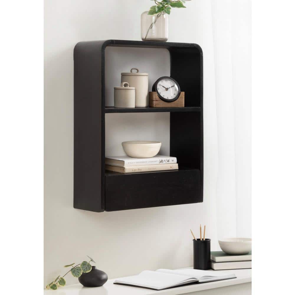Black Mango Wood Floating Wall Shelf with Drawer, 18" x 24"
