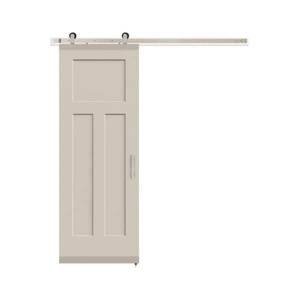 30 in. x 84 in. Craftsman Primed Smooth Molded Composite MDF Barn Door with Modern Hardware Kit