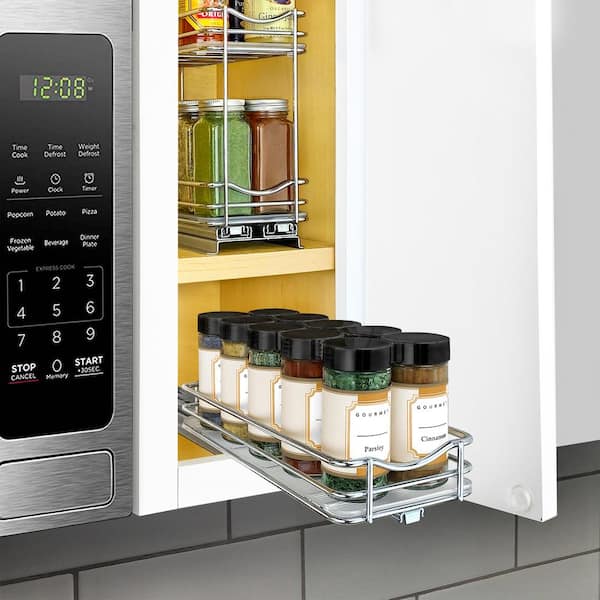 Cabinet Caddy Snap! Sliding Spice Rack Organizer for Cabinet, Just Pull & Rotate, 3 Snap-In Shelves Adjust for 5 Levels of Storage, Magnetic Modular