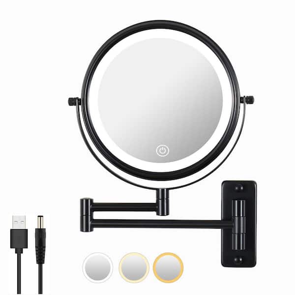 8 in. W x 8 in. H Small Round 1X/10X Magnifying, Bathroom Makeup Mirror with Built-in Battery and Type-C Port in Black