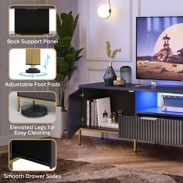 70 in. Glossy Black TV Stand with Adjustable Shelve and Cabinet LED Entertainment Center FIts TV's Up to 75 in.