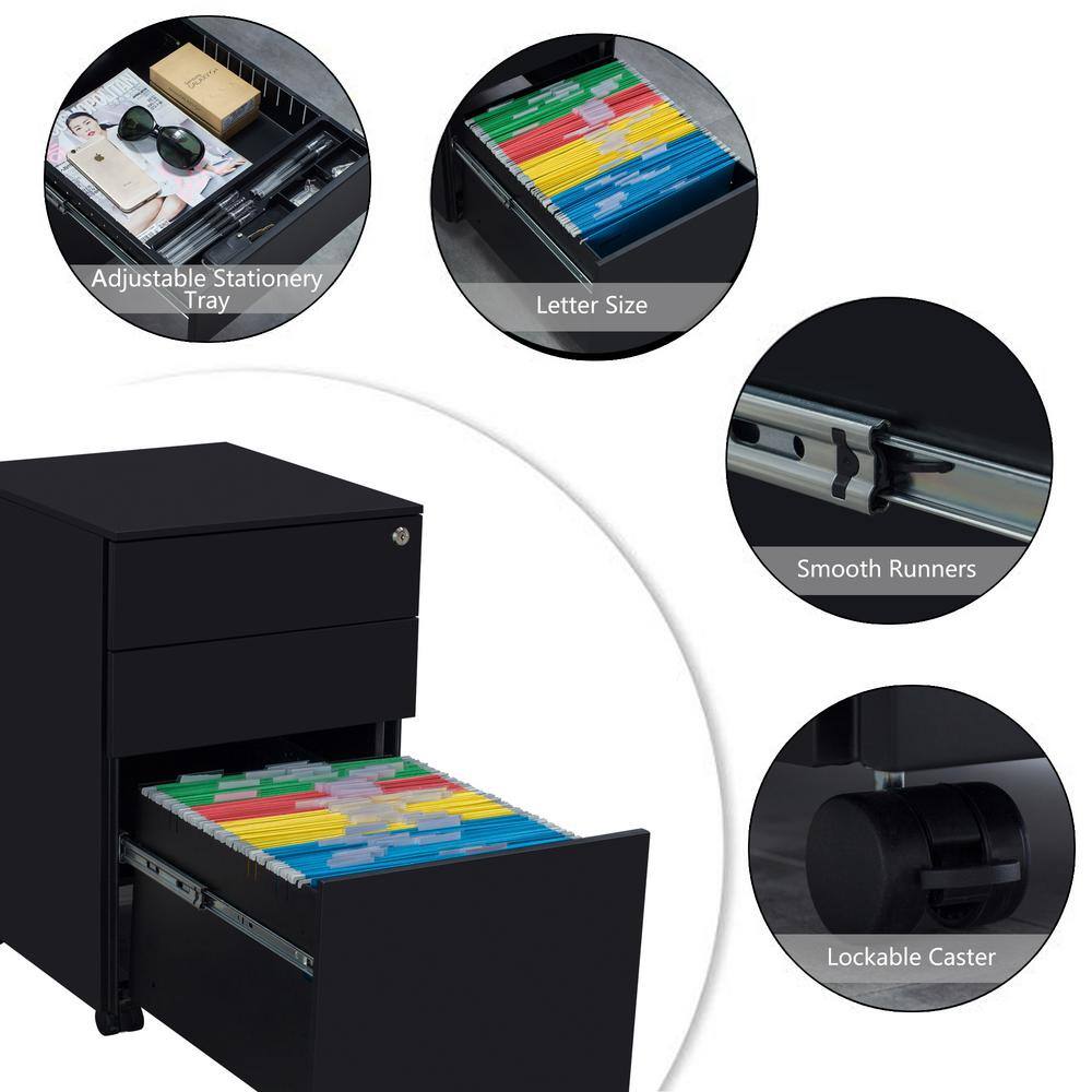 Black Mobile 3-Drawer Lockable Metal Filing Cabinet