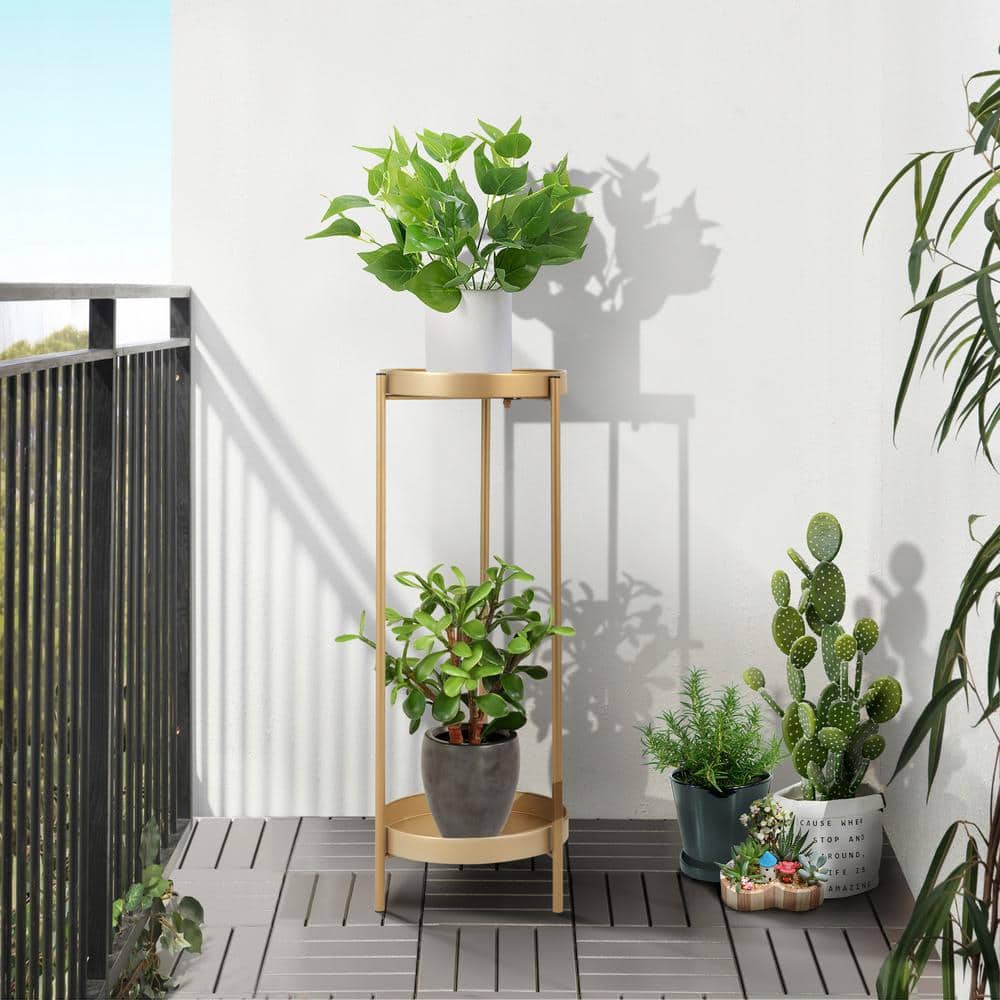 Golden 2-Tier Metal Plant Stand with Removable Trays