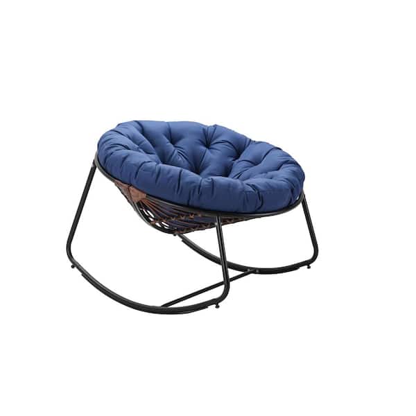Cesicia Gray Metal Round Outdoor Rocking Chair with Blue Cushion