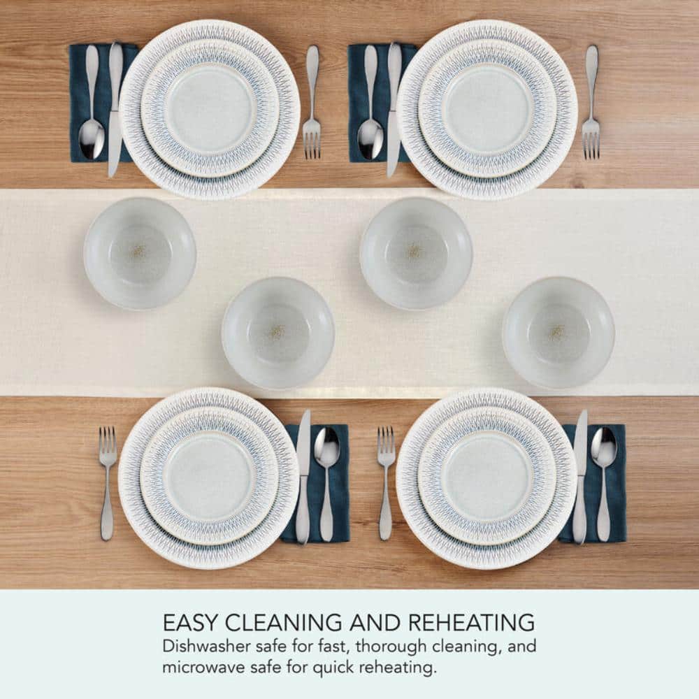 Casey White and Blue Ceramic 12-Piece Dinnerware Set