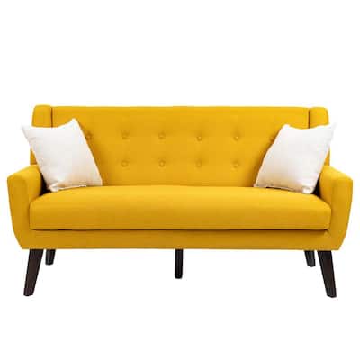 Uixe 63 in.W Straight Arm Yellow Button Upholstered Loveseat Sofa With Two Pillows