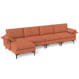 130.5 in. W Square Arm 4- Piece Polyester Modular Modern Sectional Sofa with Reversible Chaise and 4 USB Ports Red