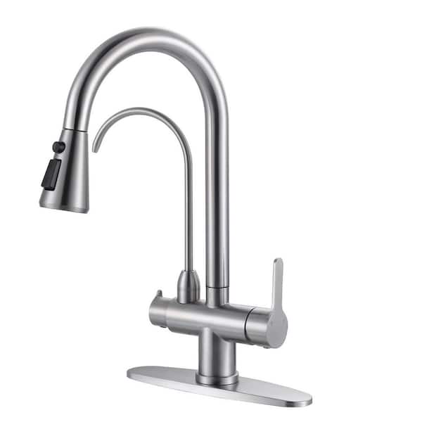 16.7 in. 360° Spout Swivel 2-Handles Pull Down Kitchen Faucet with Drinking Water Filter in Brushed Nickel