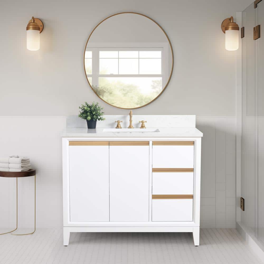 42" White MDF Freestanding Bathroom Vanity with Engineered Marble Top
