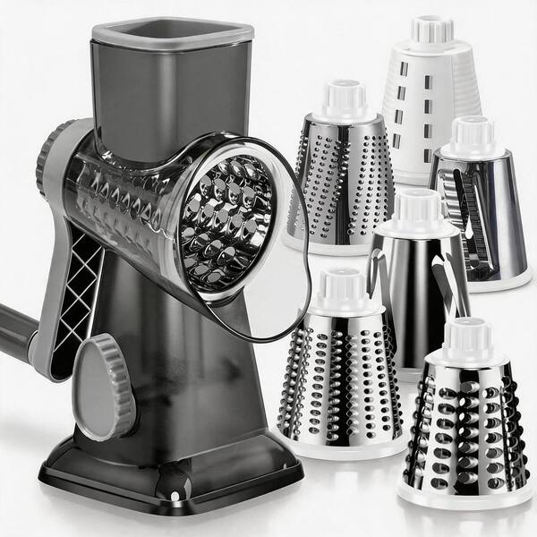 Rotary Cheese Grater Pro 6 in 1 Dark Grey Plastic Kitchen Tool with Suction Base and Stainless Blades