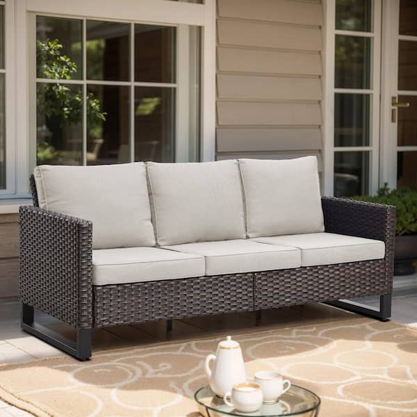 Brown Wicker Outdoor Couch, Rattan Wicker 3-Seat Sofa High Back Couch with Beige Cushions for Garden Backyard