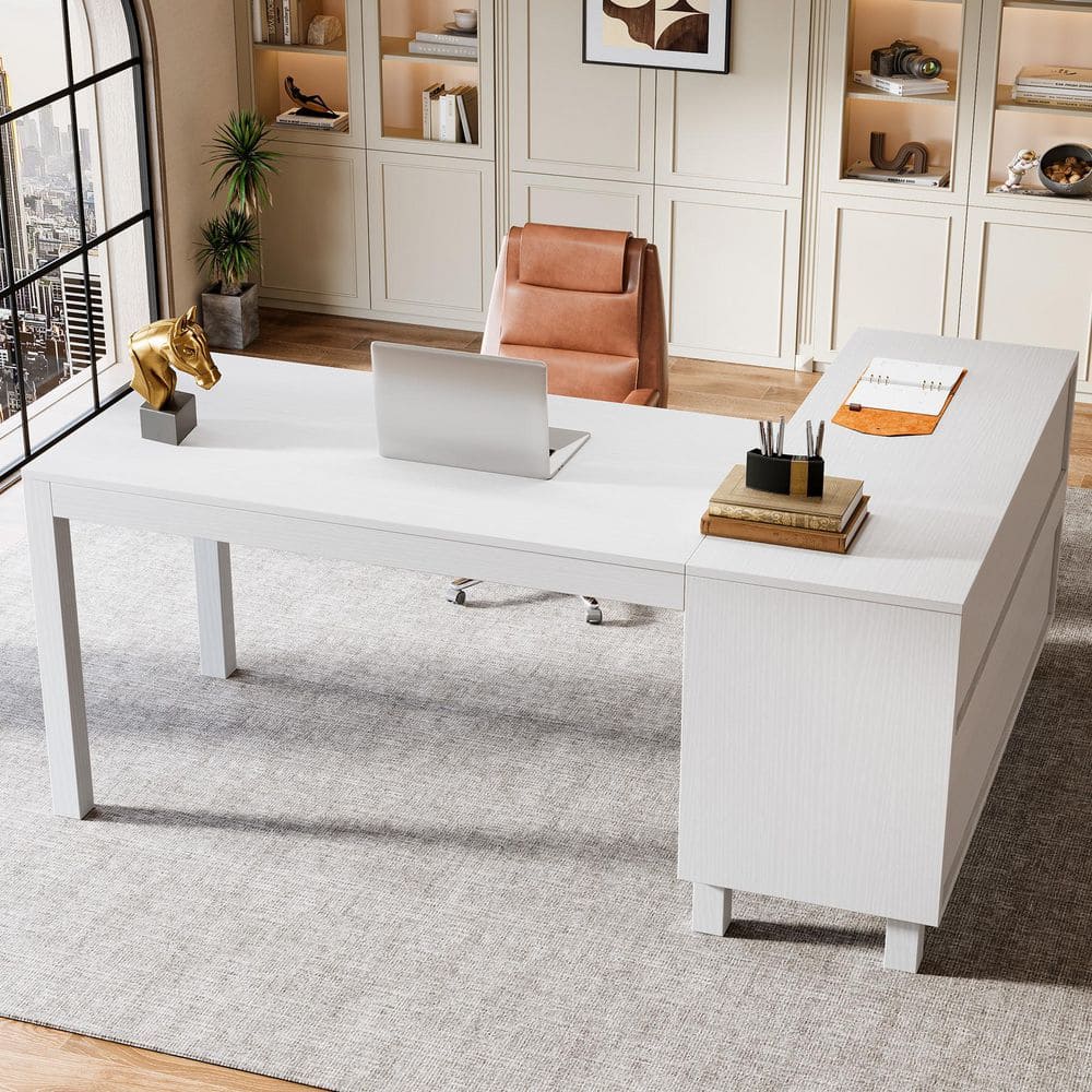 59 in. L Shaped White Wood Computer Desk with Storage, Shelves, Doors, Computer Desk with File Cabinet Home