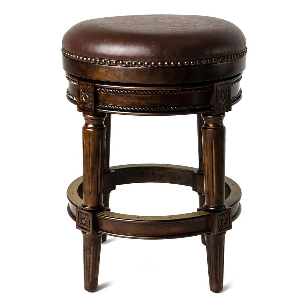 Dark Walnut Backless Swivel Counter Stool with Leather Seat