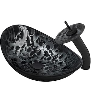 Tartaruga Black Glass Oval Vessel Sink with Faucet and Drain in Matte Black