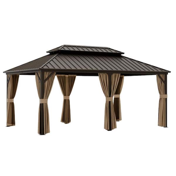 18 ft. x 12 ft. Hardtop Gazebo with Aluminum Frame, Galvanized Steel Double Roof Gazebo with Netting and Curtains, Brown
