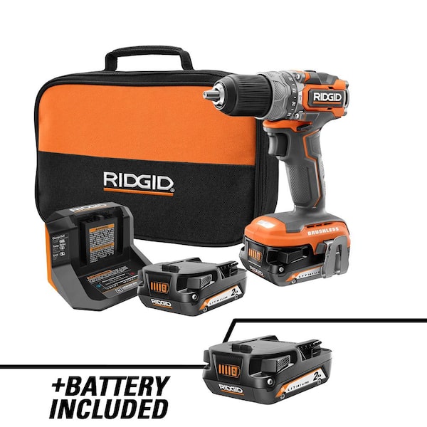 RIDGID 18V SubCompact Brushless 1/2 In. Hammer Drill/Driver Kit with (1) 2.0 Ah Battery, Charger, Bag, and Extra 2.0 Ah Battery