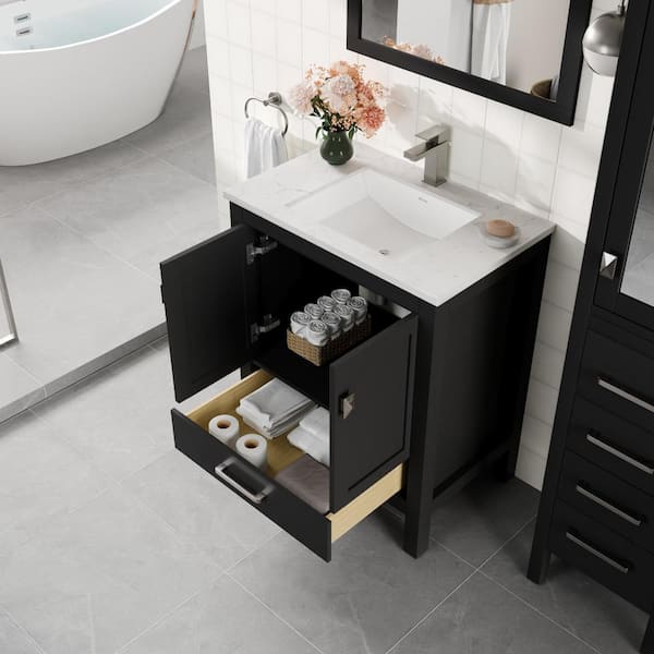 Eviva London 24 in. W x 18 in. D x 34 in. H Bathroom Vanity in Espresso with White Carrara Marble Top with White Sink