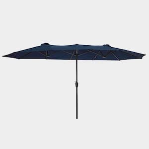 15 x 9 ft. Steel Push-Up Patio Umbrella Double-Sided Rectangular Outdoor Twin Patio Market Umbrella with Crank in Blue