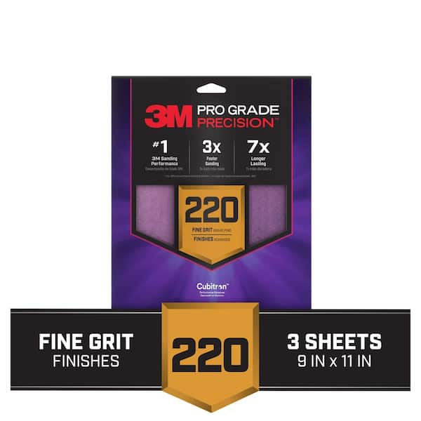 Pro Grade Precision 9 in. x 11 in. 220 Grit Faster Sanding Sheet With No-Slip Grip Backing (3-Pack)