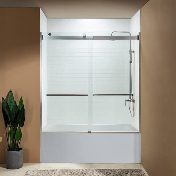 WOODBRIDGE 60 in. W x 62 in. H Double Sliding Frameless Tub Door in Brushed Nickel Finish with Shatter Retention Clear Glass