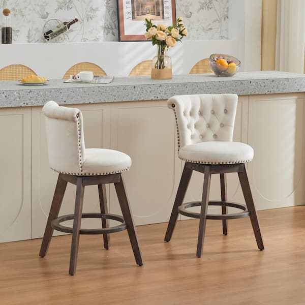 36 in. H Beige Wood Bar Stool with Upholstered Velvet Seat Set of 2，360° Swivel Counter Stools Back with Tufted Button