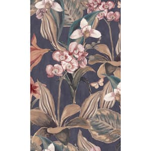 Dark Blue Hand Painted Orchids Print Non-Woven Paste the Wall Textured Wallpaper 57 sq. ft.