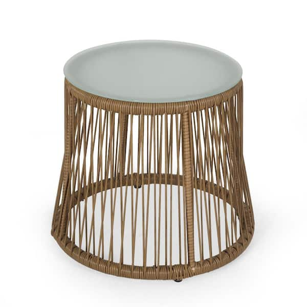 Noble House Trautman Round Faux Rattan Outdoor Patio Side Table