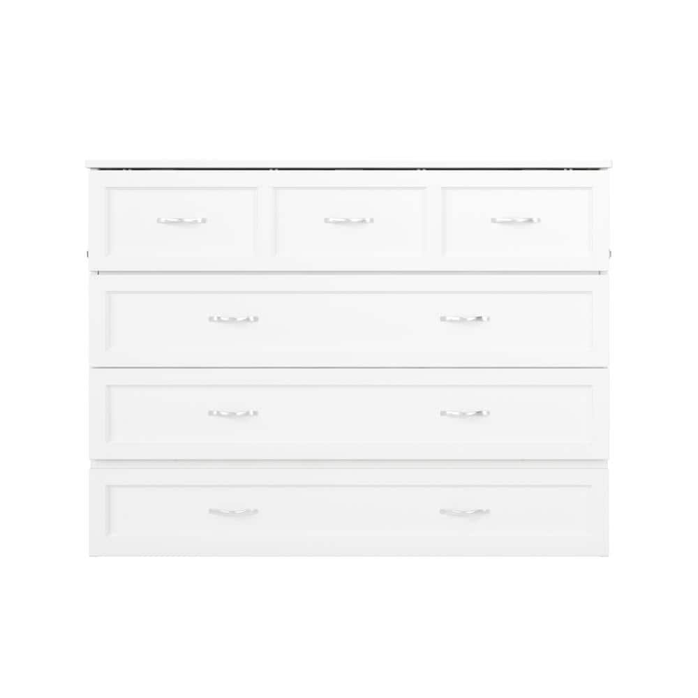White Wood Frame Full Murphy Bed Chest with Storage Drawer