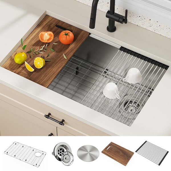 HOMLUX 18 Gauge Stainless Steel 30in. Single Bowl Undermount Workstation Kitchen Sink with Accessories