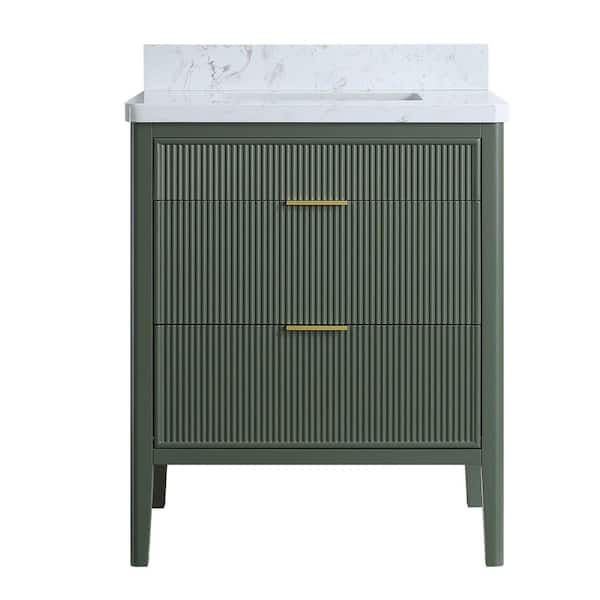 30 in. W x 22 in. D x 35 in. H Freestanding Single Sink Solid Wood Bath Vanity in Vintage Green with White Top
