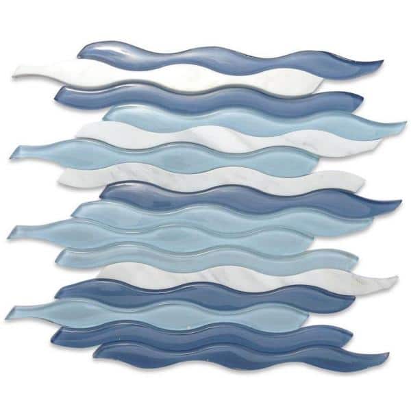 Blue and White Wavy Glass Mosaic Tile