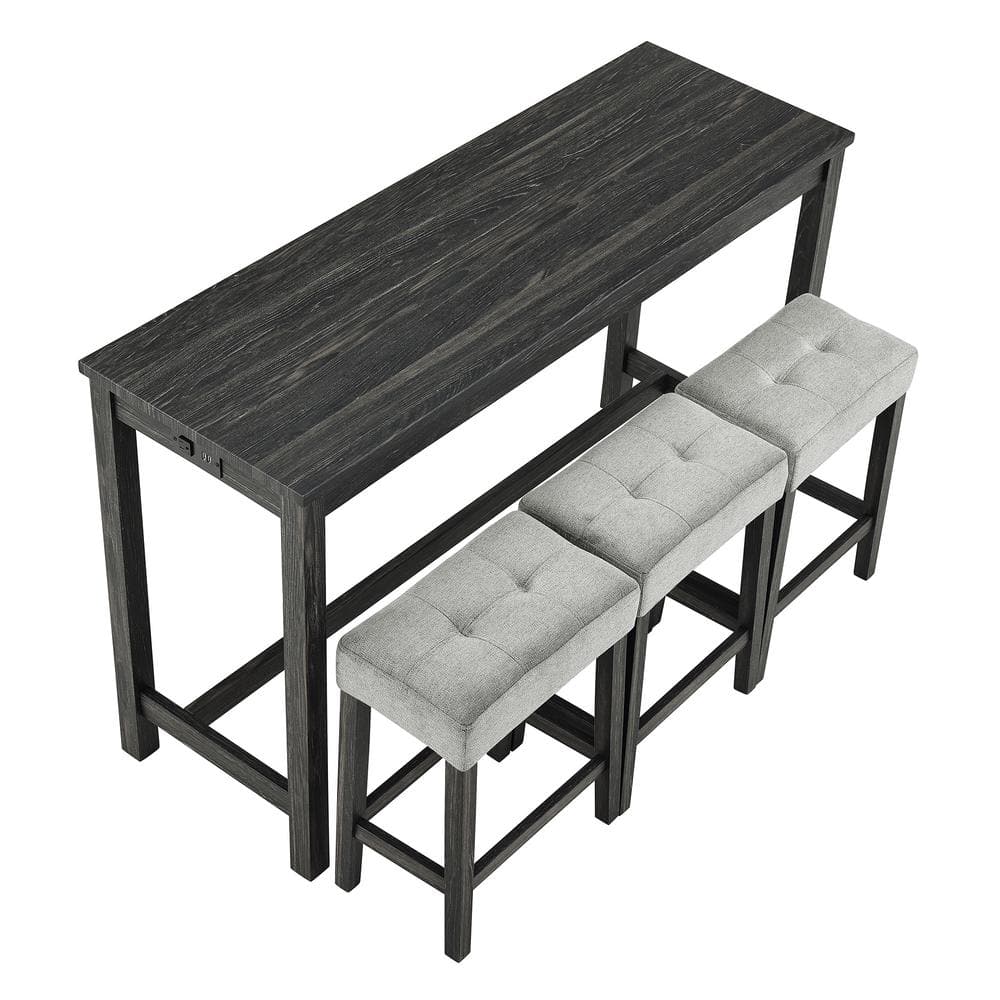 4-Piece Black Wood Outdoor Serving Bistro Set with Power Outlet