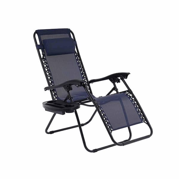 SUNRINX Outdoor Steel Frame Textilene Zero Gravity Folding Reclining Lounge Chair with Pillow Headrest (Set of 2) in Dark Blue